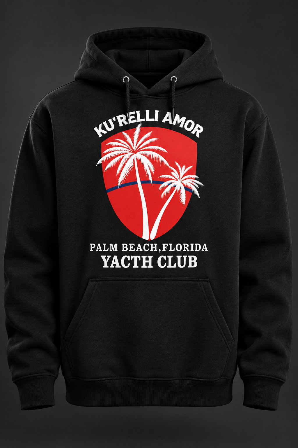Black heavyweight hoodie with the red palm-tree shield badge on the chest