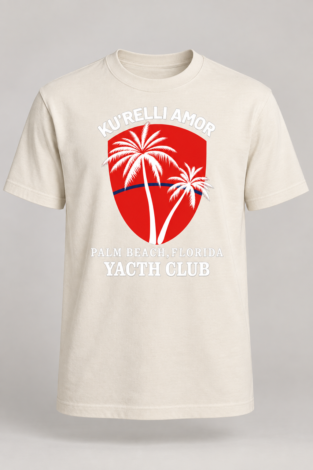 Bone heavyweight cotton tee with the red palm-tree shield badge on the chest